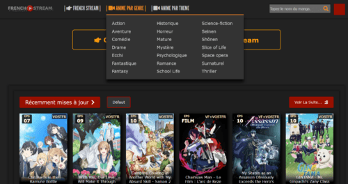 Capture d'&eacute;cran des cat&eacute;gories disponibles sur french streaming manga