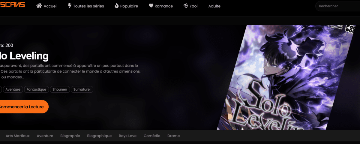 Interface de lecture manga sur Sushiscan avec bibliothèque de scans