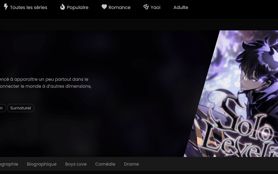 Interface de lecture manga sur Sushiscan avec bibliothèque de scans