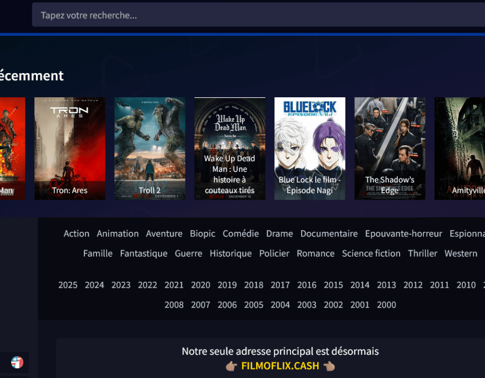 Interface du site Filmoflix montrant le catalogue de films en streaming