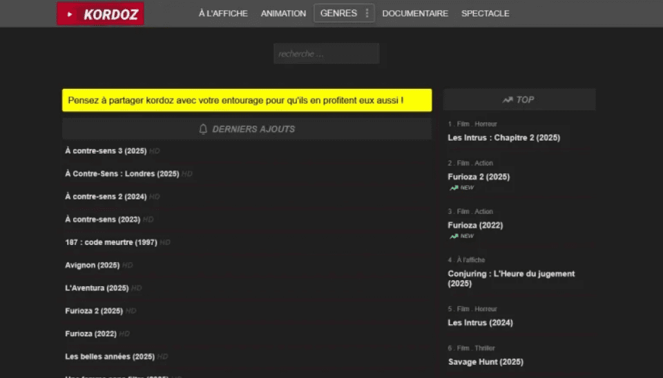 Interface du site Kordoz nouvelle adresse streaming films et séries gratuits