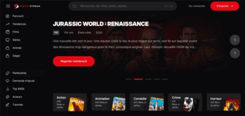 Interface utilisateur de Senpai Stream nouvelle adresse avec catalogue de films et s&eacute;ries