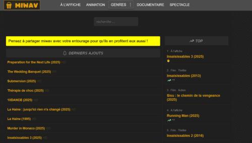 Interface utilisateur miwav montrant les cat&eacute;gories de contenu disponibles