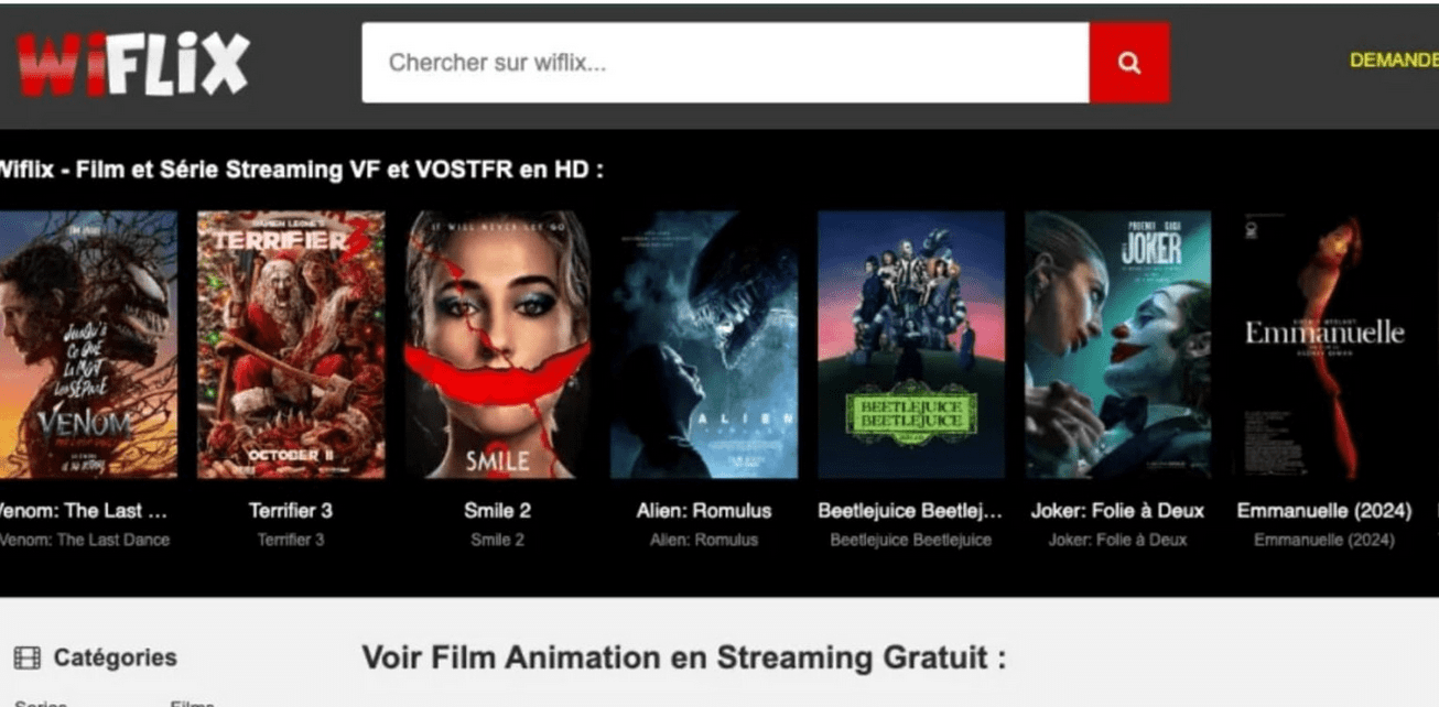 Interface wiflix montrant le catalogue de films et séries