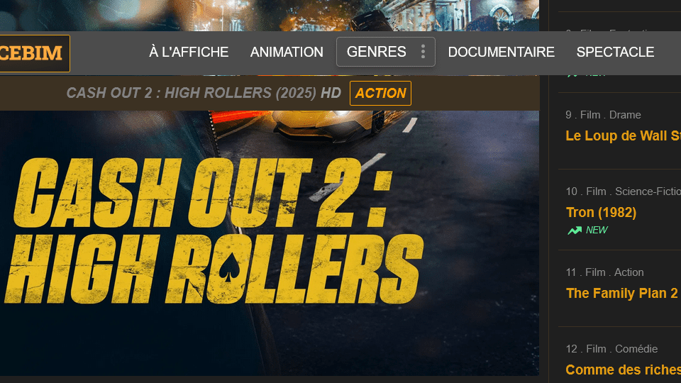 Interface utilisateur de la plateforme Facebim pour le streaming de films