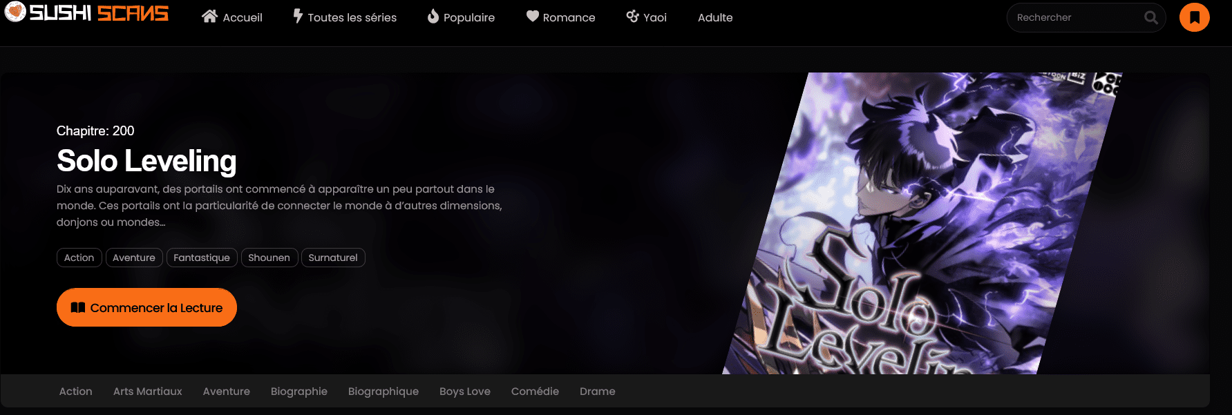 Interface de lecture manga sur Sushiscan avec bibliothèque de scans