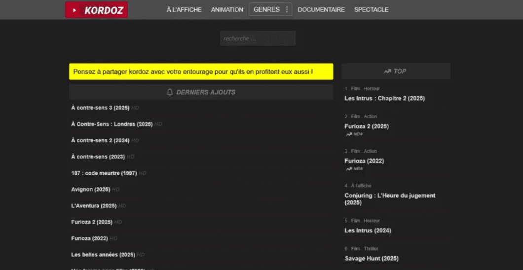 Interface du site Kordoz nouvelle adresse streaming films et séries gratuits
