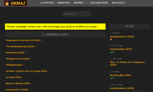 OKMAZ.COM BLOQUÉ ? NOUVELLE ADRESSE OKMAZ EN 2026 4 Interface principale du site okmaz avec catalogue de films en streaming