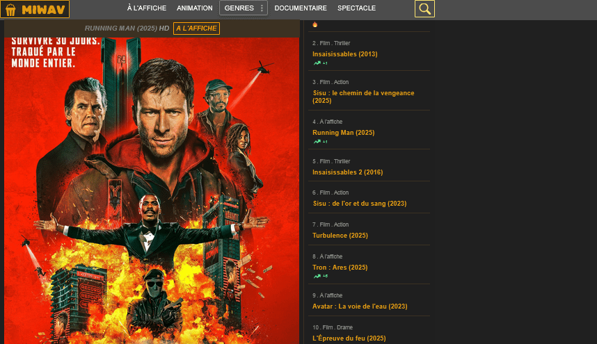 Page d'accueil miwav avec catalogue de films et séries en streaming