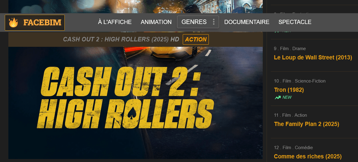 Interface utilisateur de la plateforme Facebim pour le streaming de films