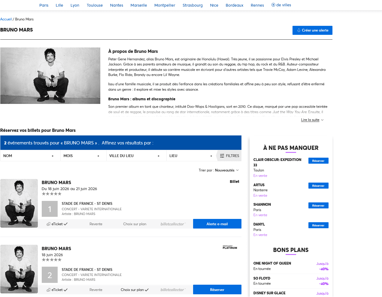 Interface Ticketmaster Bruno Mars Stade de France avec bouton acheter billets 2026