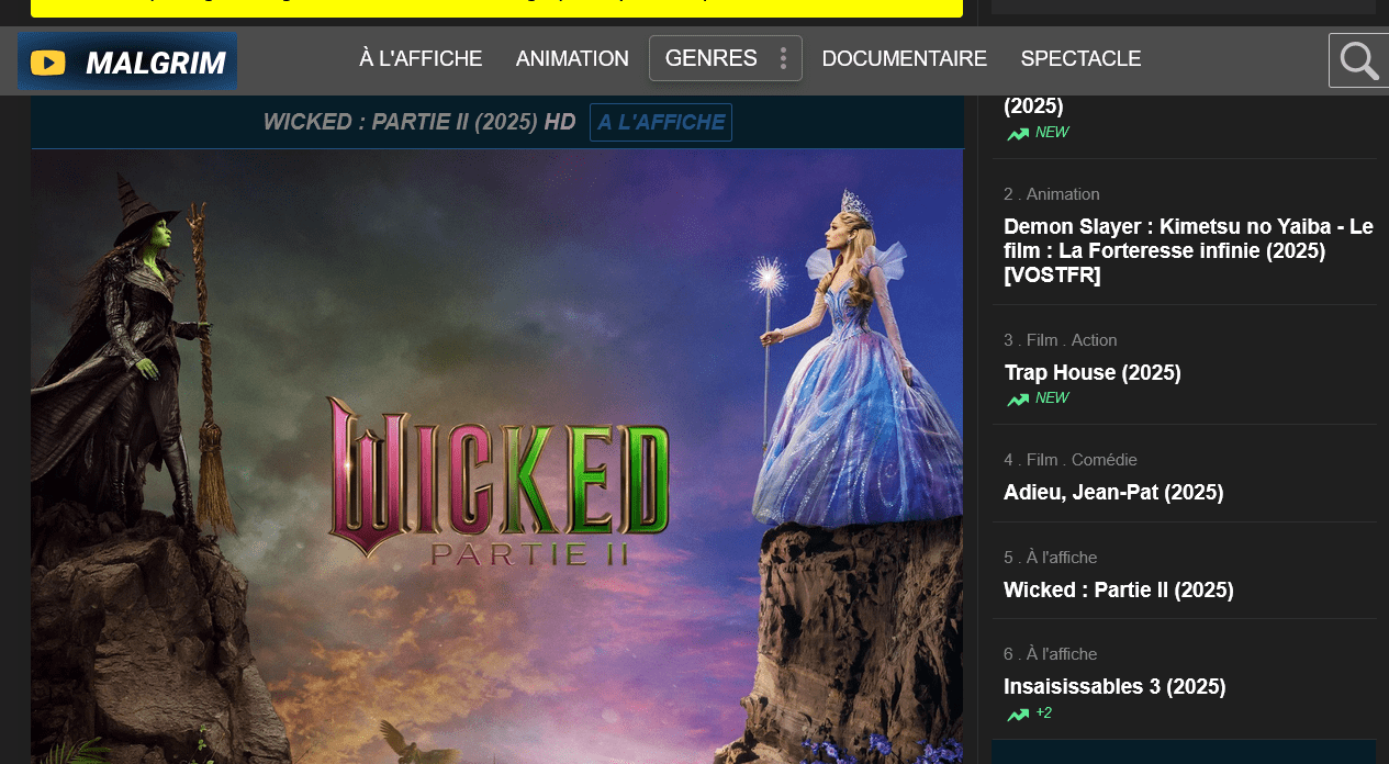 Interface page d'accueil Malgrim streaming 2026