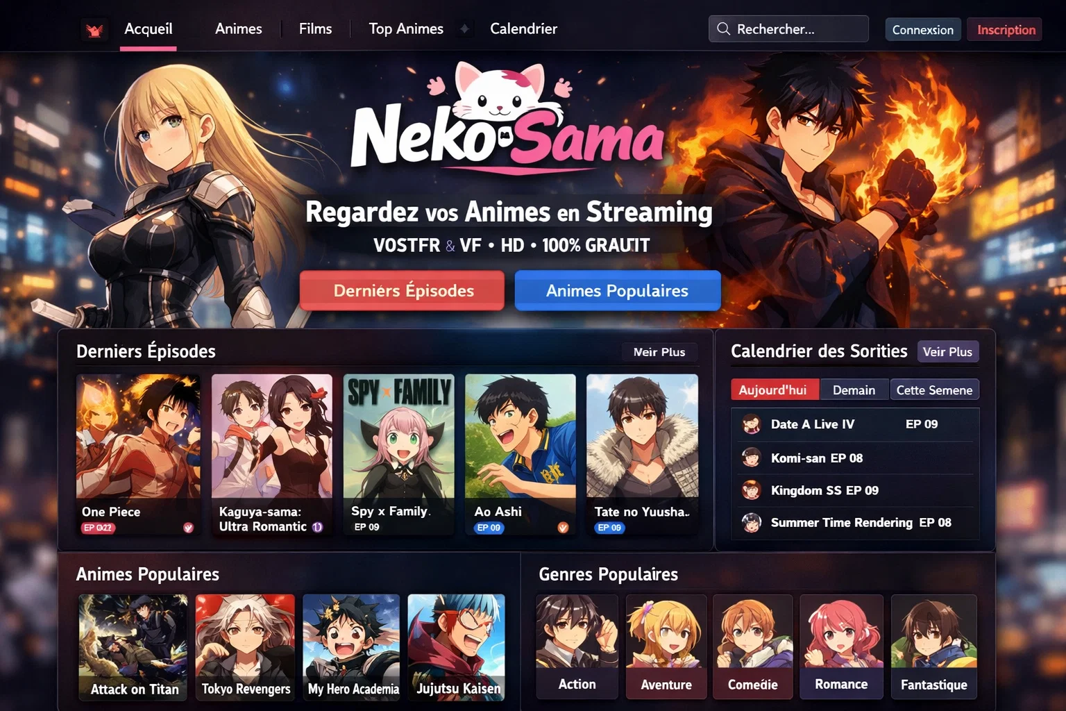 Interface de la plateforme Neko Sama avec catalogue d'animés