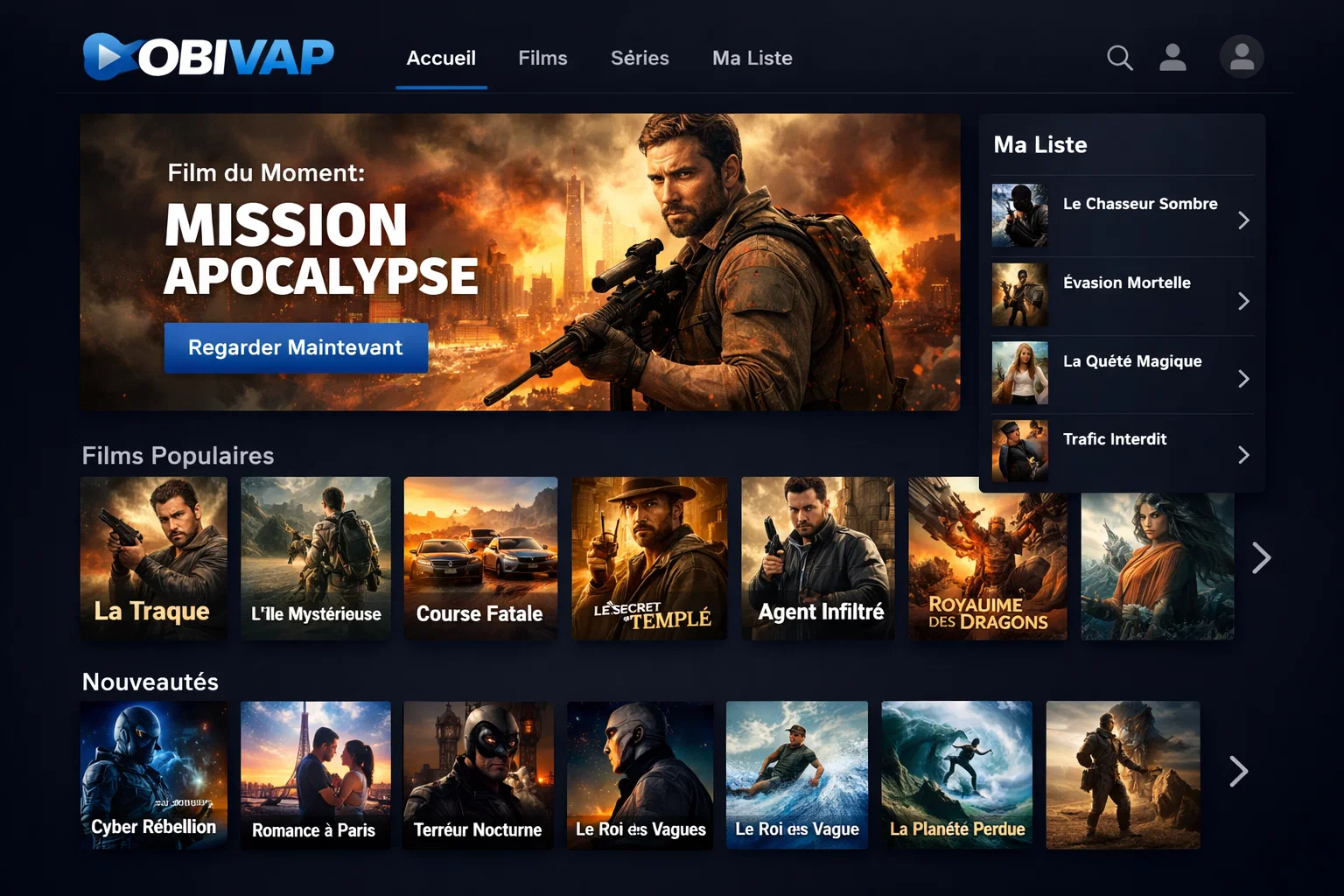 Interface du site Obivap montrant le catalogue de films et séries en streaming gratuit 2026