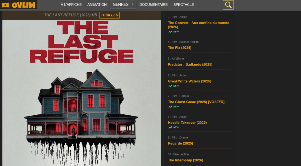 ovlim 2026 Interface utilisateur de la plateforme de streaming Ovlim.com montrant le catalogue de films