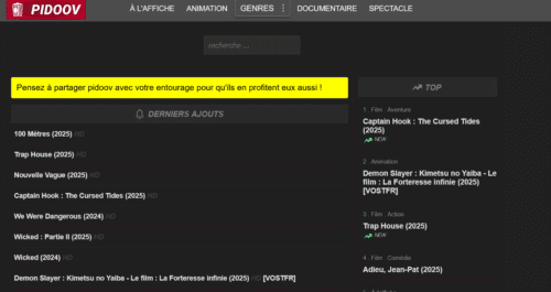 Interface de Pidoov montrant le catalogue de films et séries en 2026