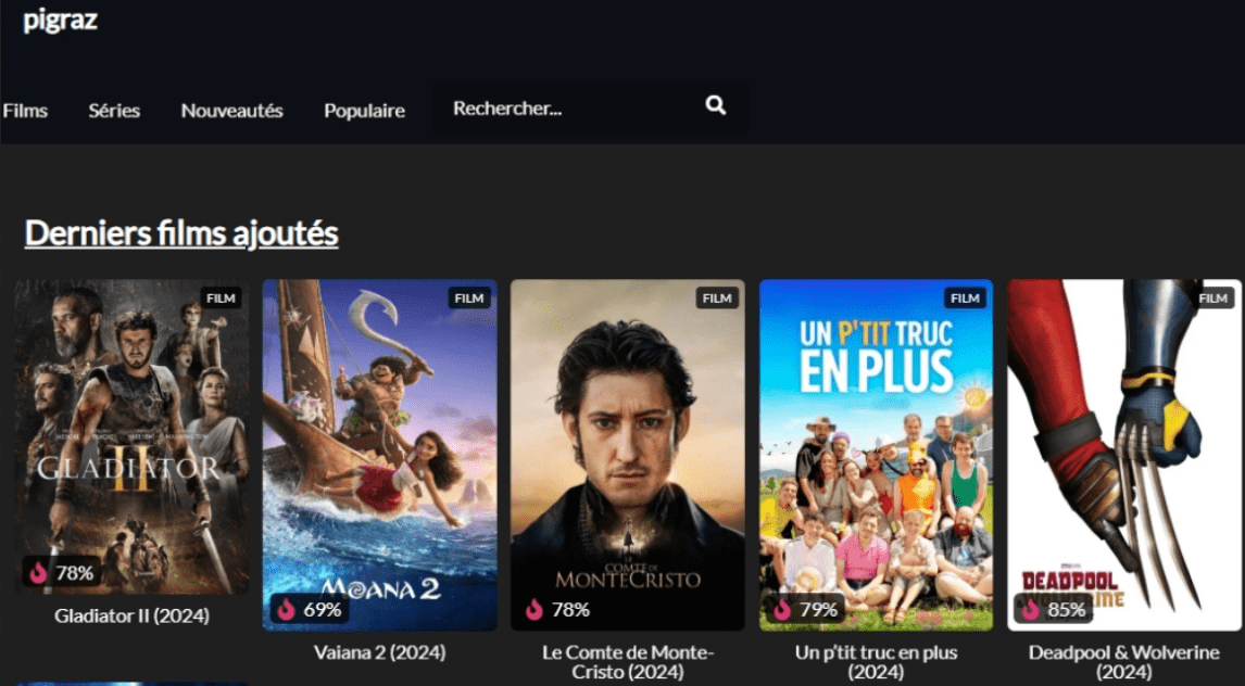 Interface du site Pigraz montrant le catalogue de films et séries en 2026
