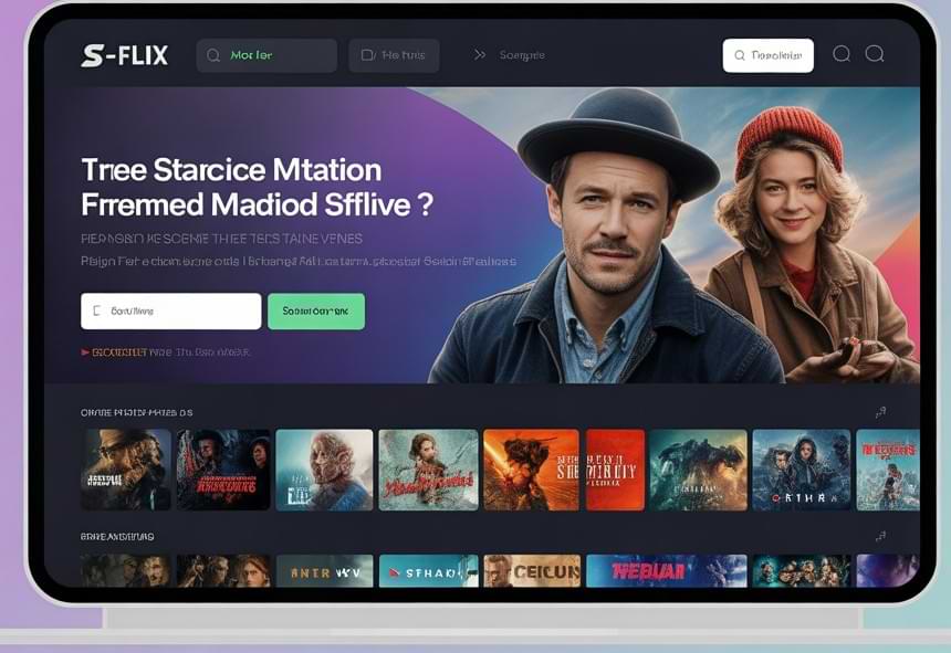 SFlix streaming platform interface showing movie categories and search options