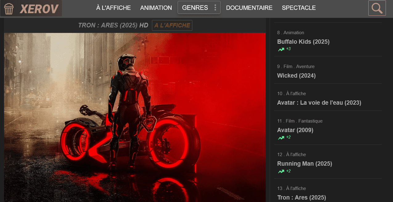 Interface du site Xerov montrant le catalogue de films et séries en streaming