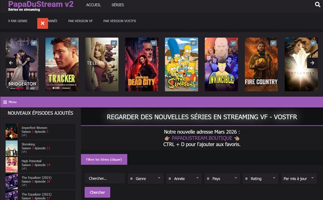 Capture d'écran de la papadustream nouvelle adresse sur navigateur